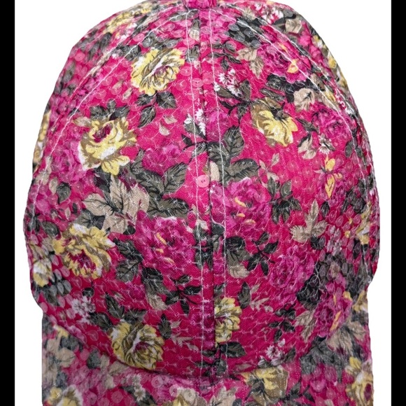 Women's Floral Sequins Sparkly Pink Baseball Cap Hat Adjustable Strap Spring - Picture 4 of 16